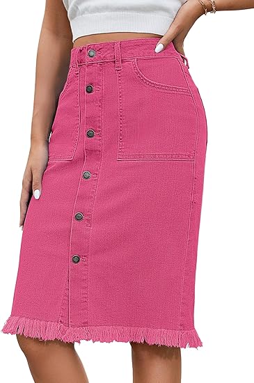 Women's Casual Mid Rise Button Down Frayed Raw Hem Denim Jean Midi Skirt